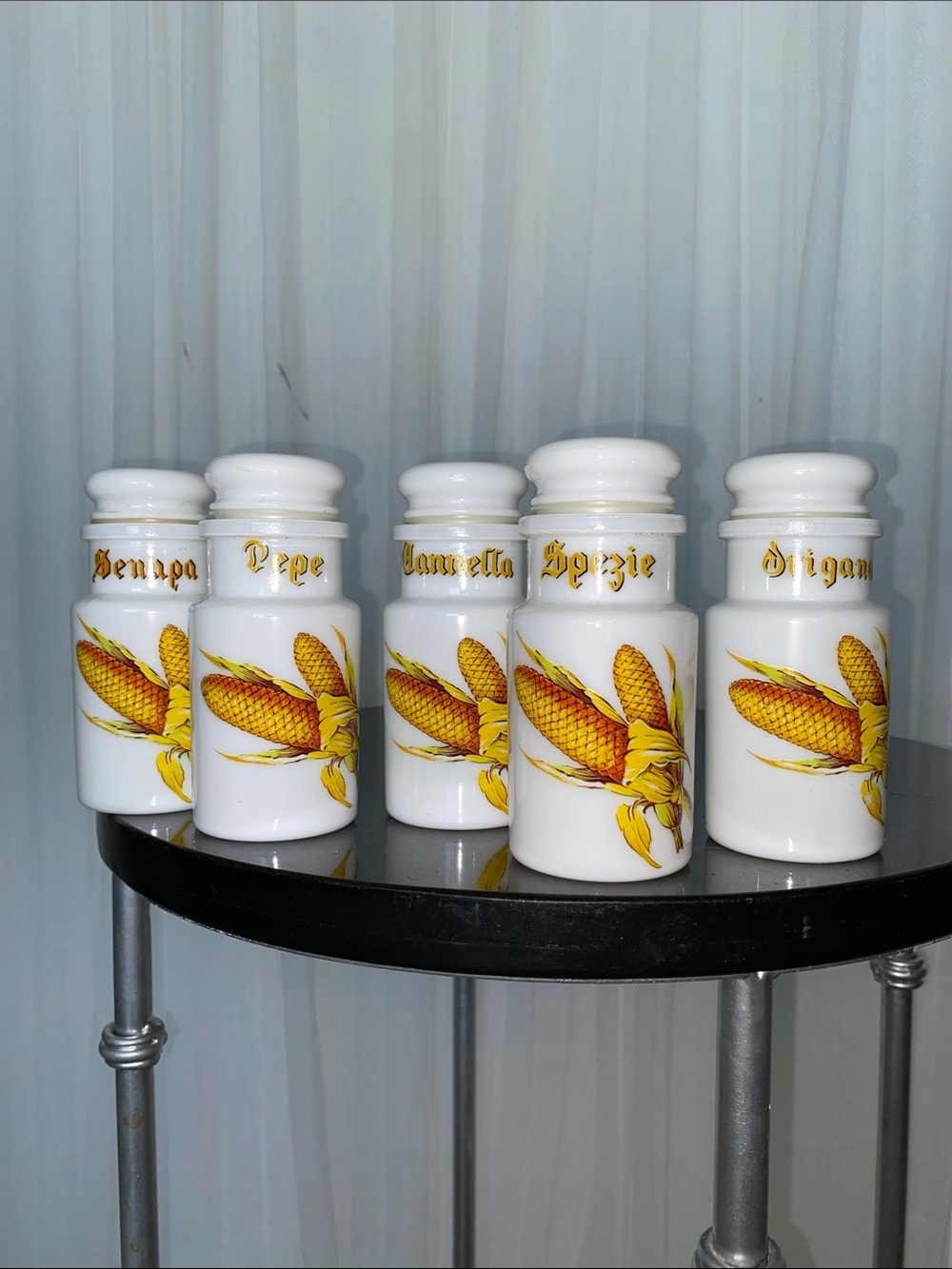Vintage Set of 5 White Milk Glass Spice Jars with Yellow Corn Motif